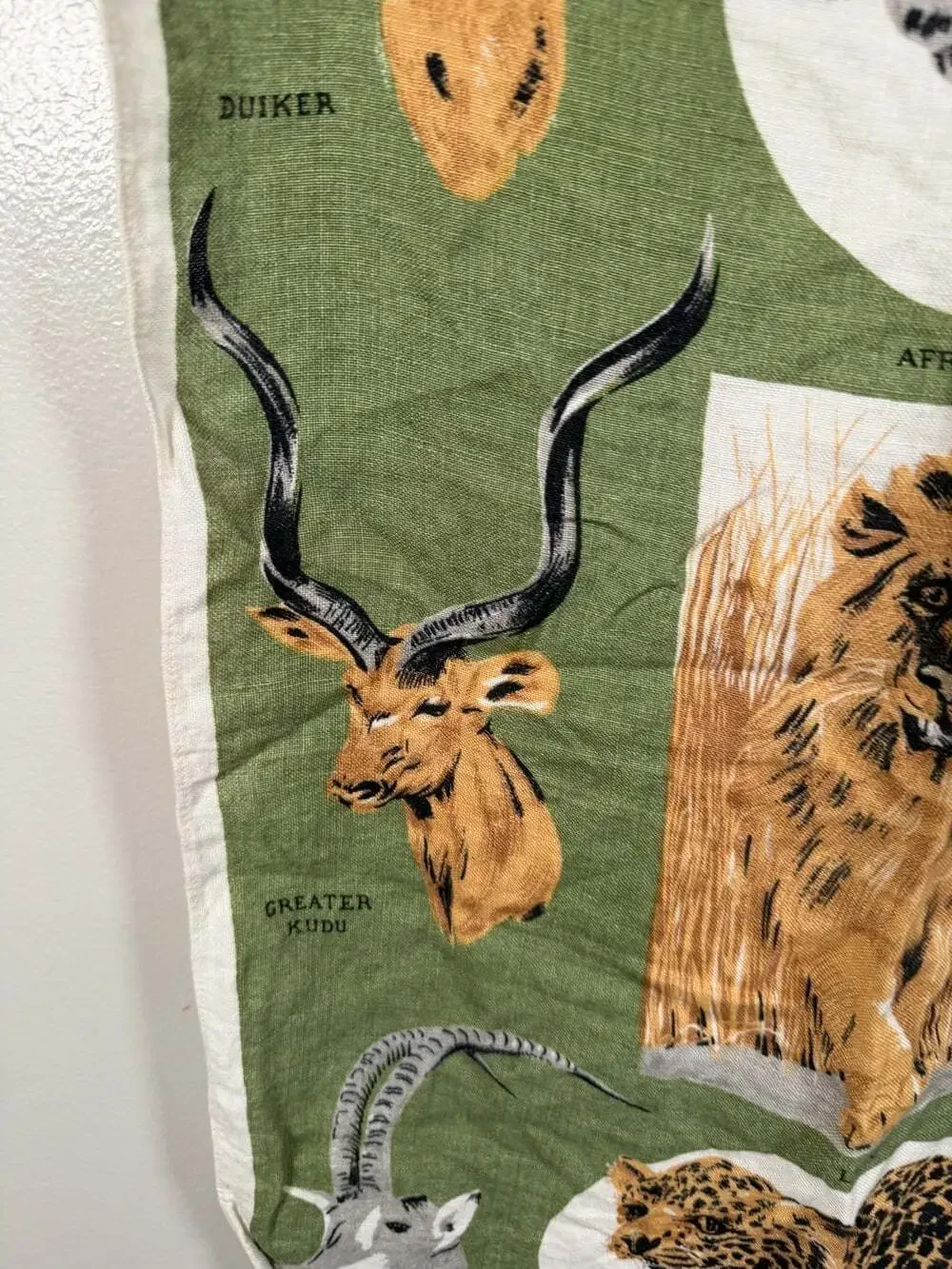 Vintage Irish Linen Tea Towel African Safari Wildlife Lion Leopard Buffalo